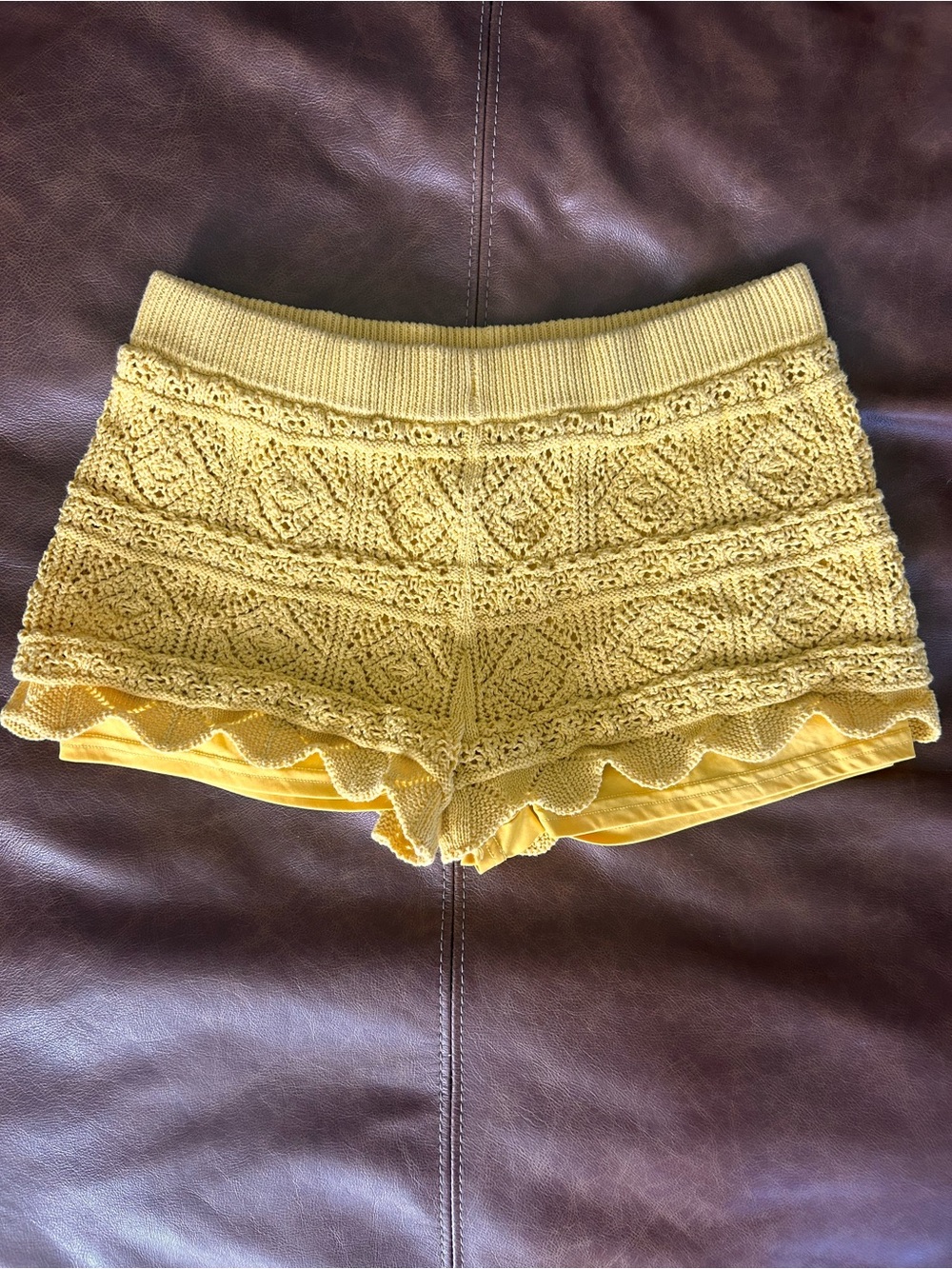 a new day Yellow Crochet Layered Scallop Hem Women's Shorts